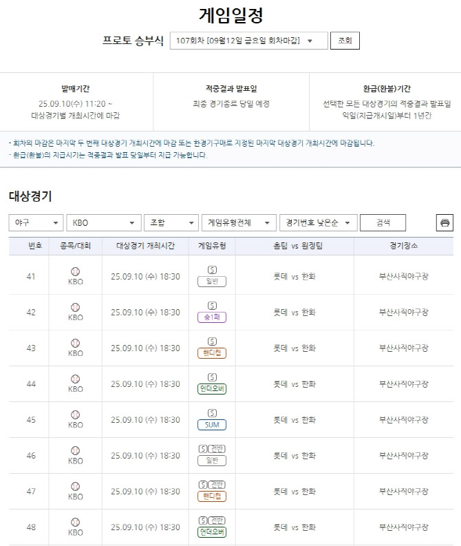 프로토 승부식 107회차, <b>롯데</b>-<b>한화</b>전 대상 게임 마감 임박