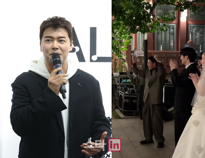"<b>부케</b> 받았다!" <b>전현무</b>, 적재·허송연 <b>결혼</b>식서 두 손 들고 '환호'