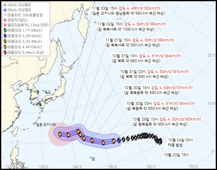 초강력 태풍 '인파' 급발진 중, 과연 어디로 꺾일까