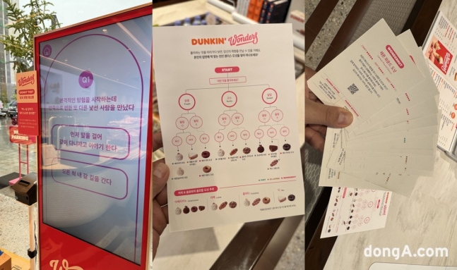던킨 원더스 청담 매장 한편에는 자신에게 어울리는 도넛을 찾아주는 ‘도넛 유형 테스트’ 키오스크가 마련됐다. 성격유형지표(MBTI) 검사처럼 상황별 행동 답변을 입력하면, 그에 맞는 도넛이 추천되는 방식이다. 이밖에