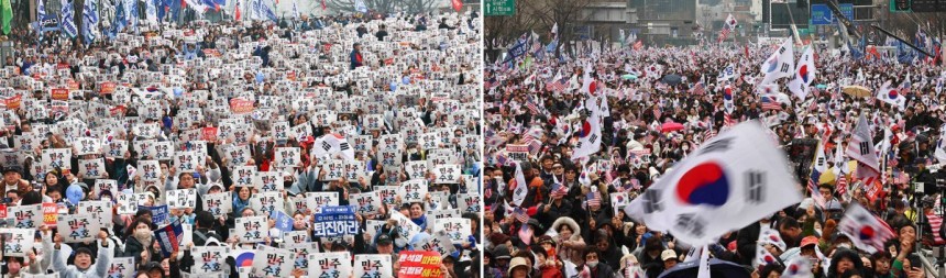 在三天的106週年紀念日，總統Yoon Seok -Yeol的彈each Pros和Cons在首爾的各個地方舉行。在照片的左側，反對黨“Yun Seok -yeol毀滅”在Jongno -Gu的Anguk -dong舉行。在右邊“自由