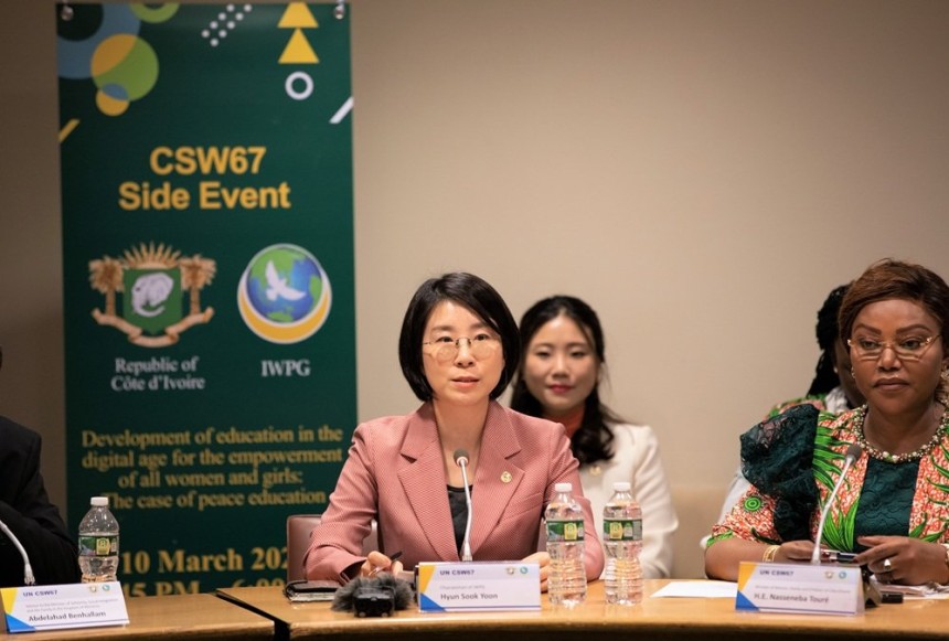  유엔 CSW 기간 중 열린 코트디부아르 여성가족아동부와의 사이드 이벤트에서 윤현숙 세계여성평화그룹(IWPG) 대표가 발언하고 있다. 사진제공=IWPG