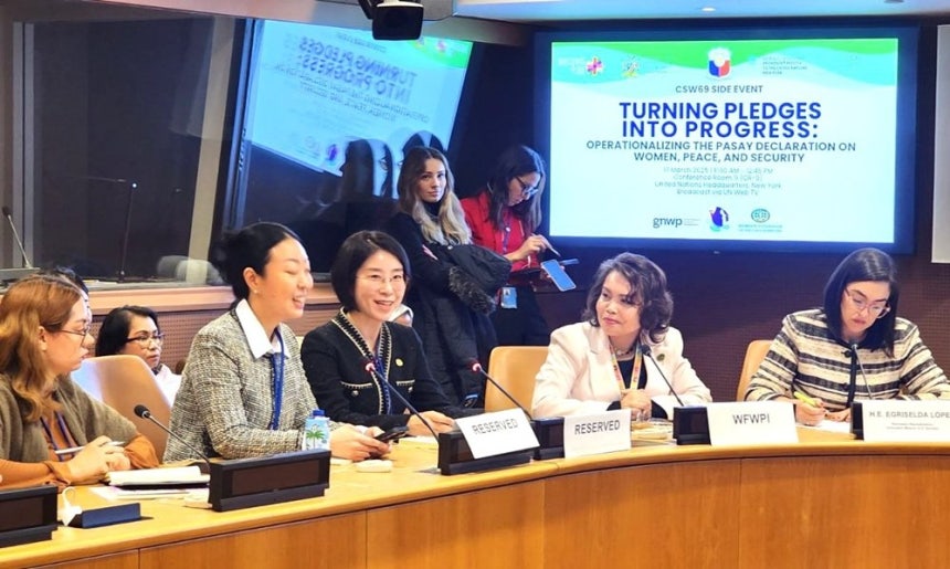 지난 17일 유엔 CSW69 필리핀 사이드 이벤트에서 윤현숙 IWPG가 대표가 패널로 발언하고 있다. 사진제공=IWPG