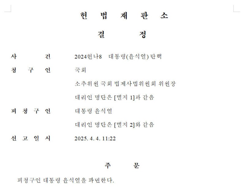 대통령 <b>윤석열 파면</b> [<b>헌법</b>재판소 결정문 전문]