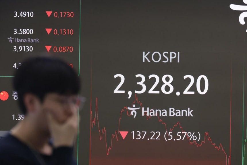 7일 오후 서울 중구 하나은행 딜링룸 모니터에 코스피 종가가 2300선으로 표시돼 있다. 이날 코스피는 개장과 함께 100포인트 넘게 빠지며 출발한 뒤 오전 한때 매도 호가를 5분 동안 정지시키는 사이드카도 발동됐다