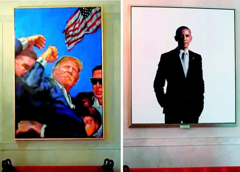 오바마 초상 자리 ‘암살모면’ 본인 그림 건 트럼프