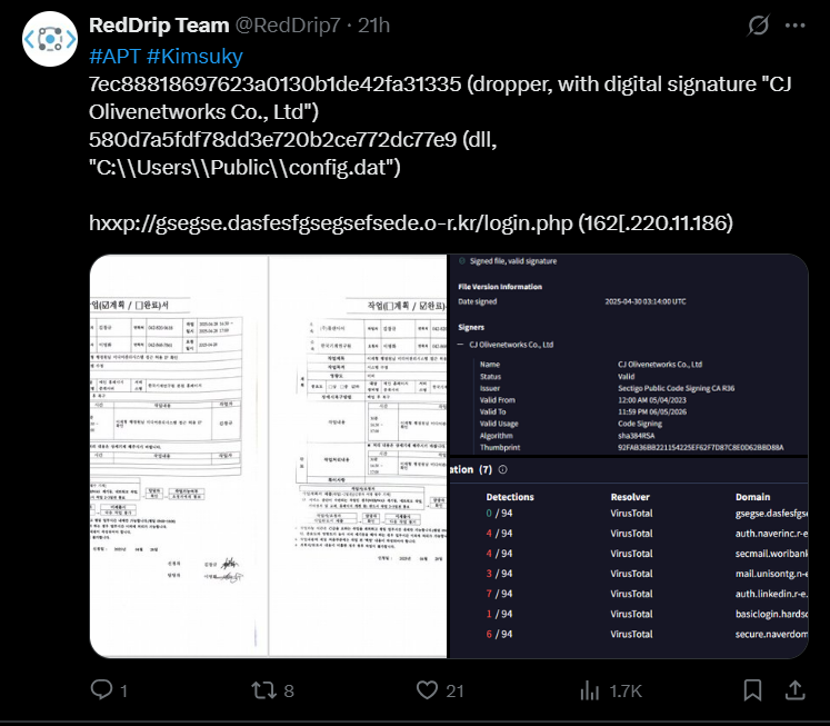 중국 보안 기업 레드드립팀(RedDrip Team)이 X(옛 트위터) 계정에서 밝힌 CJ올리브네트웍스 인증서 파일 탈취 사례.레드드립팀 X 캡처