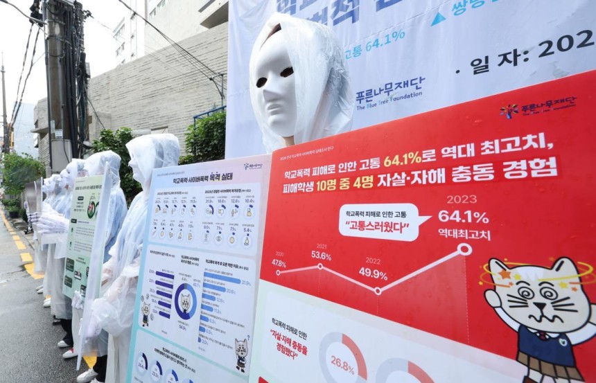 푸른나무재단 직원들이 지난해 7월 24일 오전 서울 서초구 푸른나무재단에서 열린 전국 학교폭력·사이버폭력 실태조사 발표 기자회견에서 학교 폭력을 멈출 것을 촉구하는 퍼포먼스를 하고 있다.뉴스1
