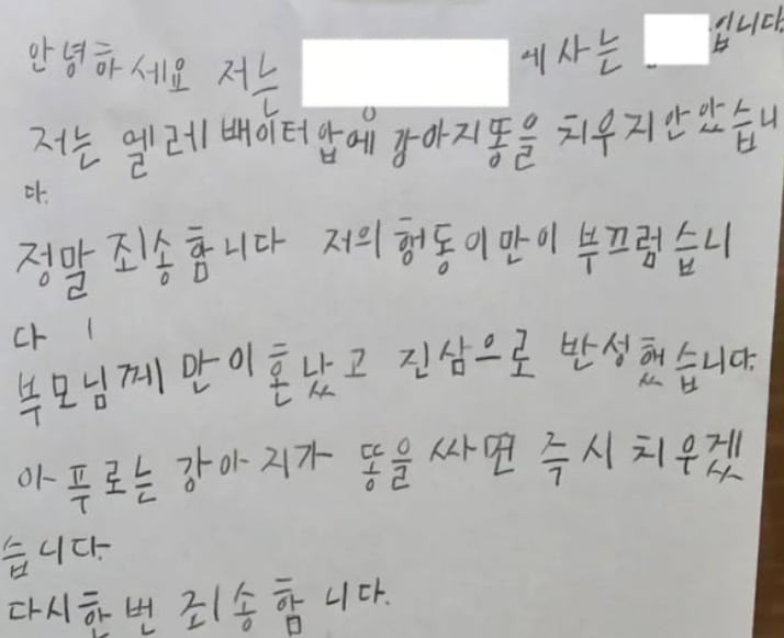 A 씨 자녀가 쓴 사과문.온라인커뮤니티 캡처