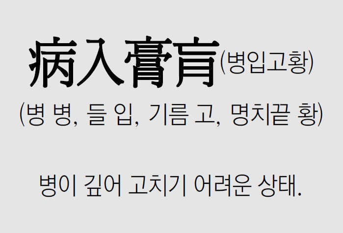 [신문과 놀자!/풀어쓰는 한자성어]病入膏肓(병입고황)(병 병, 들 입, 기름 고, 명치끝 황)
