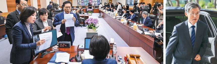 국감 종료 직전 출석한 조희대 “소명의식으로 최선” 15일 서울 서초구 대법원 청사에서 진행된 국회 법제사법위원회 대법원 현장 국정감사에서 국민의힘 의원들이 추미애 법제사법위원장에