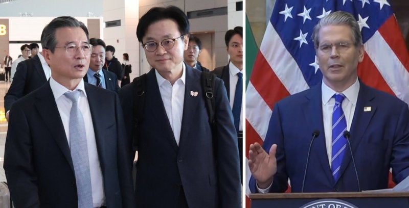 APEC 앞두고 관세협상 서두르는 韓美 김용범 대통령정책실장(왼쪽 사진 왼쪽)과 김정관 산업통상부 장관(왼쪽 사진 오른쪽)이 한미 관세협상 후속 협의와 관련해 16일 오전 인천국제