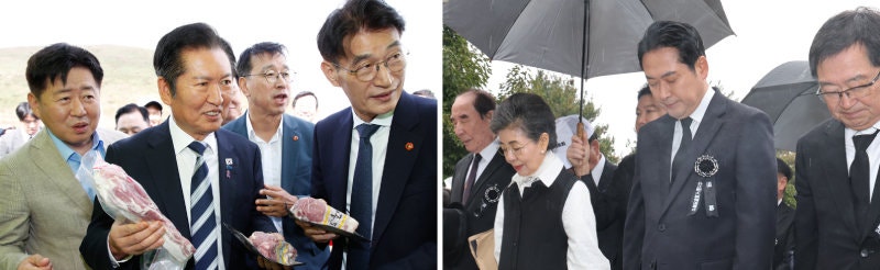 제주로… 박정희 추모식으로… 더불어민주당 정청래 대표(왼쪽 사진 왼쪽에서 두 번째)가 25일 제주 제주시 애월읍 봉성리 새별오름에서 열린 ‘2025 제주도새기축제’를 찾아 돼지고기