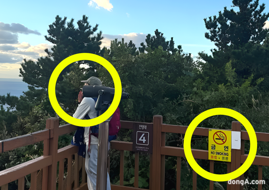 세계자연유산인 성산일출봉 금연 구역에서 중국인 관광객의 흡연이 목격되며 비판이 일고 있다. 금연 안내가 다국어로 이뤄지고 있음에도 현장 단속 권한이 없어 처벌이 어려운 현실이 드러났다. 사진=독자제공, 최강주 기자