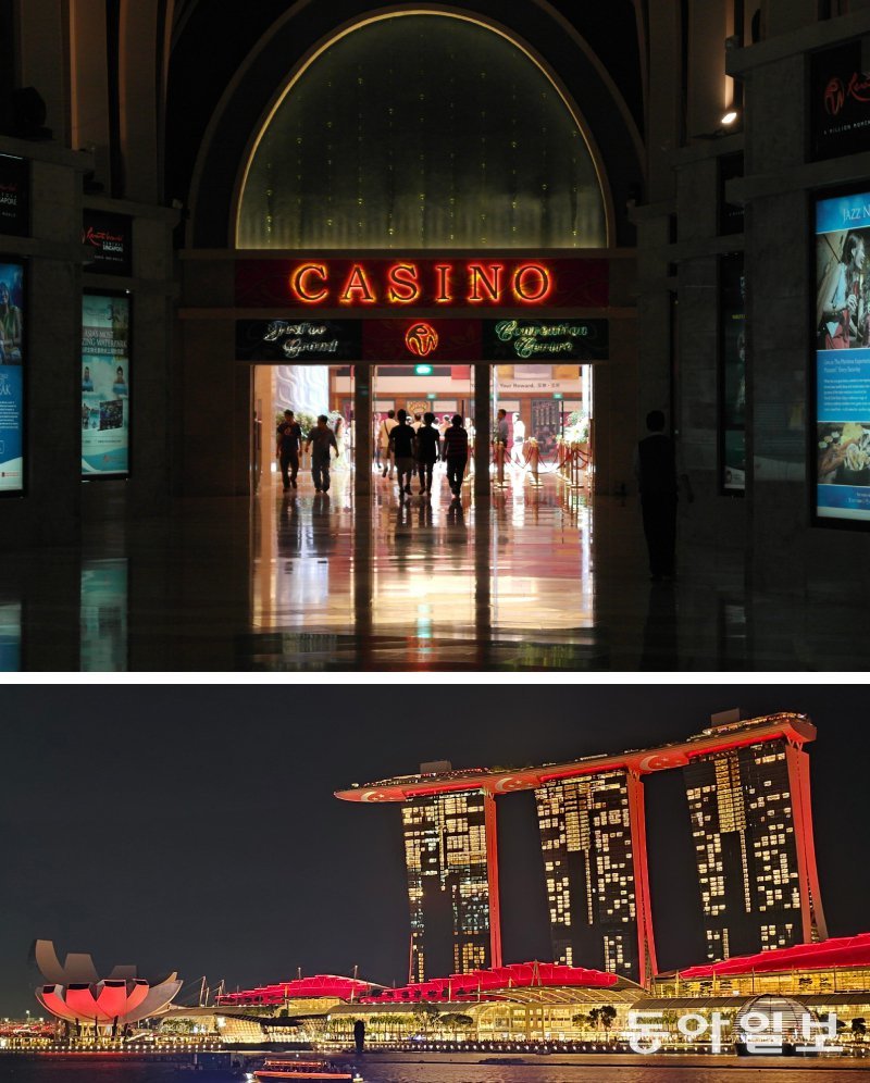 싱가포르의 대표 카지노인 리조트월드센토사 카지노 입구. 아래쪽 사진은&#160;싱가포르의 대표 호텔이자 카지노가 있는 마리나베이샌즈의 야경. 동아일보DB