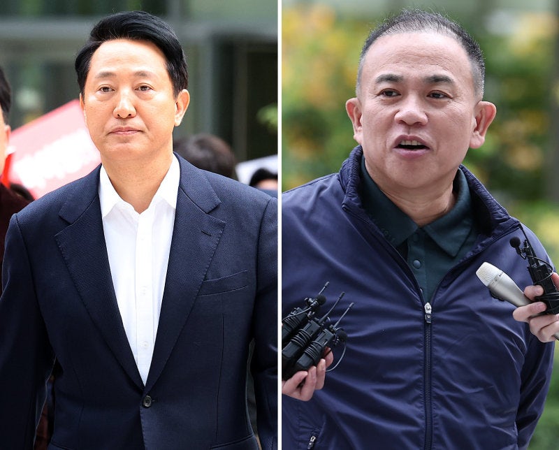 8일 오전 오세훈 서울시장이 여론조사비 대납 의혹 피의자로 소환돼 서울 종로구 김건희 특검 사무실로 출석하고 있다(왼쪽 사진). 이날 ‘정치 브로커’ 명태균 씨도 출석해 오 시장과