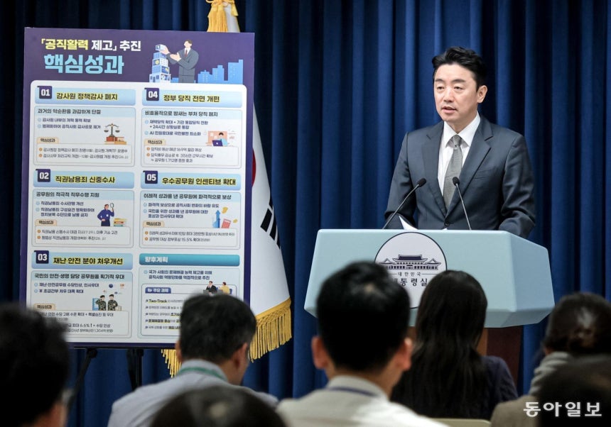 강훈식 대통령 비서실장이 12일 서울 용산 대통령실 청사에서 공직 활력 제고 추진 성과 및 공직 역량 강화 향후 계획 관련 브리핑을 하고 있다.&#160;송은석 기자 silvers