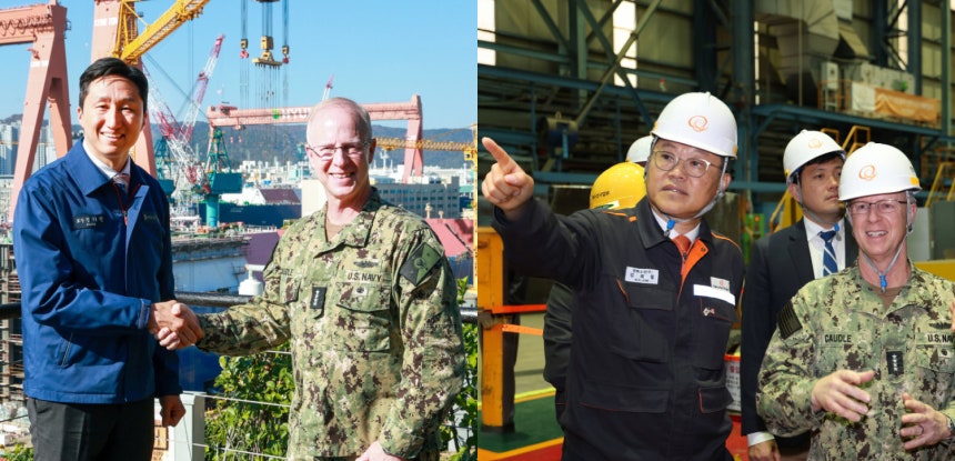 정기선 HD현대 회장(왼쪽 사진 왼쪽)이 15일 울산 HD현대중공업 조선소를 방문한 대릴 커들 미국 해군참모총장(오른쪽)과 기념촬영을 하고 있다. 커들 총장은 같은 날 한화오션 거