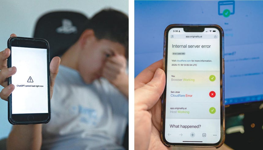 세계 곳곳 ‘네트워크 마비’ 웹 인프라 기업 클라우드플레어의 3시간 장애로 챗GPT, X(옛 트위터) 등 여러 인터넷 서비스가 전 세계에서 마비됐다. 왼쪽 사진부터 스페인 마드리드