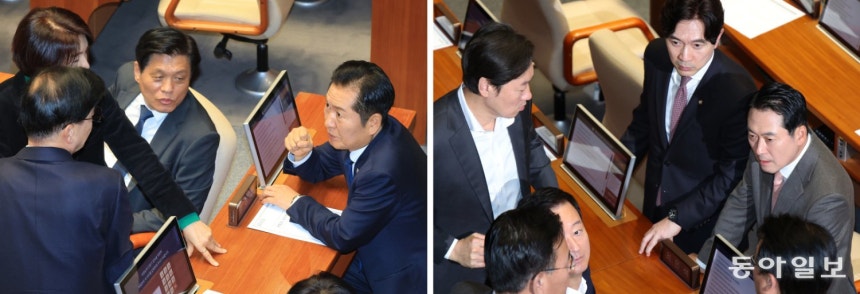 더불어민주당 정청래 대표(왼쪽 사진 오른쪽)와 국민의힘 장동혁 대표(오른쪽 사진 오른쪽)가 27일 서울 여의도 국회 본회의장에서 국민의힘 추경호 의원 체포동의안 상정을 앞두고 의원