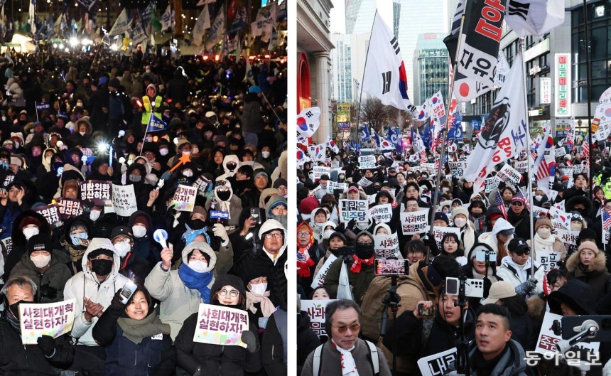 국회 앞에 집결한 진보-보수 12·3 비상계엄 사태 1년을 맞은 3일 서울 영등포구 국회 앞에서는 진보·보수 진영의 집회가 동시에 열렸다. 국회대로에서 열린 ‘12·3 내란외환 청