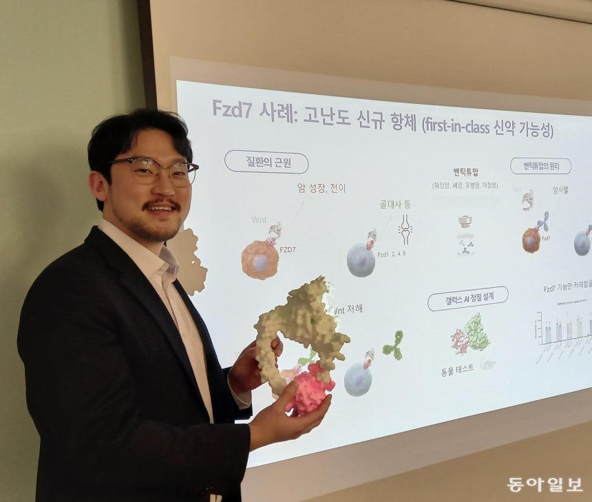 박태용 갤럭스 부사장이 대장암 간암 위암 뇌종양 등에 관여하는 표적단백질(FZD7)에 정교하게 붙어 치료효과를 높이는 드노보 항체 모형(왼손에 든 큰 모형)을 들고 설계 과정을 설