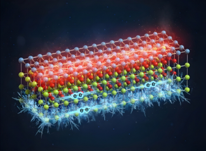 구리산화물 내의 원자 배열과 물질 내에서 구역별로 온도가 달라지는 ‘열적 탈동조화’ 현상이 일어나며 고온초전도 현상이 나타나는 모습. 상단의 파란색 층은 온도가 높아 초전도 현상이