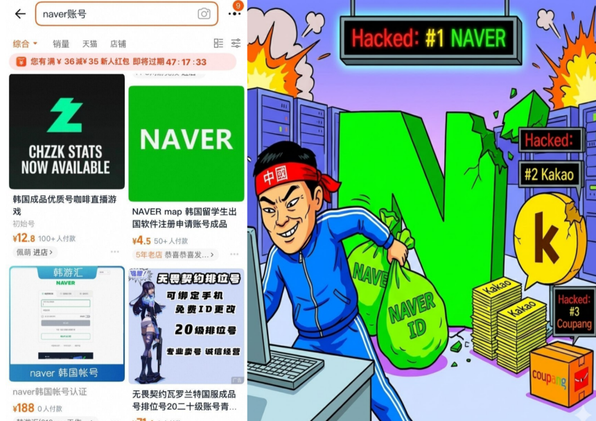 중국 온라인 쇼핑몰에서 네이버·카카오 개인 계정 불법 거래 시도가 대거 포착됐다.네이버 계정 게시물은 쿠팡보다 8배 많아 정보 탈취 우려가 커지고 있다. 사진=뉴스1,제미나이