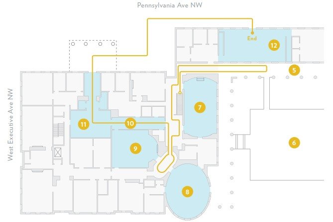 웨스트윙 1층의 평면도.8번이 오벌오피스,9번이 루스벨트룸,7번이 캐비닛룸이다.브리핑장은 12번이다.사진 출처 버락 오바마 백악관 웹사이트