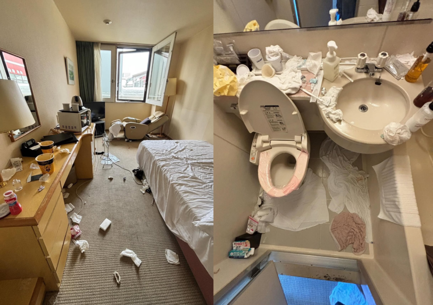 중국인 여성 관광객들이 일본 호텔을 쓰레기장으로 만들었다. 방일 중국인 수는 45.3% 급감했으나 노상 배변 및 객실 오염 등 이들의 비매너 행태는 여전히 국제적 공분을 사고 있다. 사진=@akki_kiku