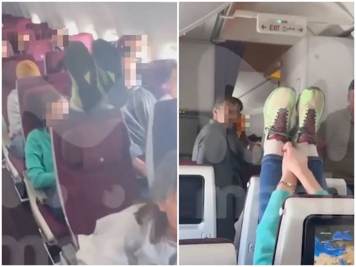 기내에서 앞좌석 승객이 좌석 등받이를 뒤로 젖힌 데 불만을 품은 한 승객이 좌석 등받이에 두 발을 올리며 항의하는 일이 벌어져 논란이 되고 있다. (사진=뉴욕포스트 캡처)/뉴시스&