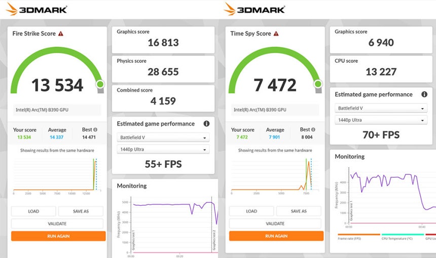 인텔 코어 울트라 X9 388H의 파이어 스트라이크 결과(좌)와 타임스파이 결과(우) / 출처=IT동아