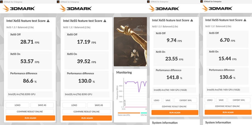 인텔 코어 울트라 X9 388H의 인텔 XeSS 테스트 결과와 인텔 코어 울트라 7 258V의 XeSS 테스트 결과 / 출처=IT동아