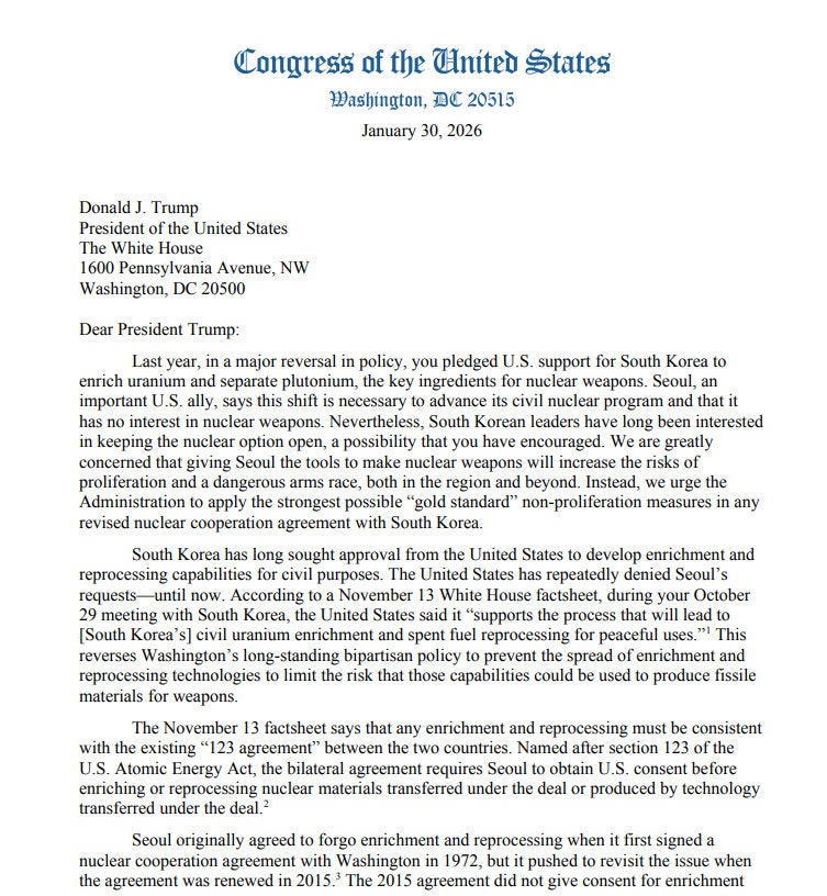 美의원들 “韓, 잠재 핵역량 확보땐 핵확산 위험”