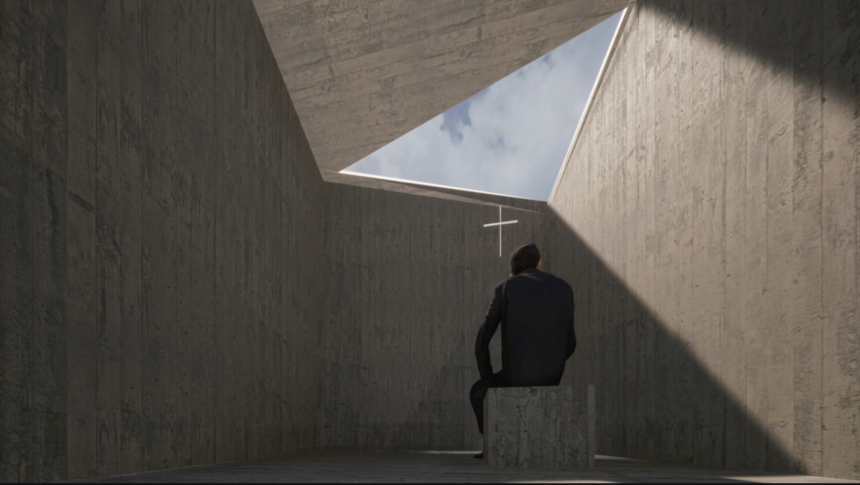 천장이 뚫려 눈과 비가 들어오는 불편한 교회 기도실. 여름에는 덥고 겨울에는 추운 기도실에서 차가운 콘크리트 의자에 앉아 예수 그리스도의 고난을 느끼게 했다. 교보문고 제공