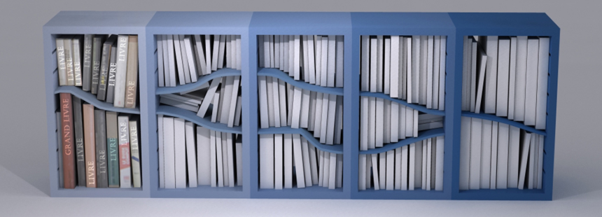 책의 크기에 관계 없이 빈 공간이 남지 않는 유연한 책장. 선반을 고무로 만들었다. 백희성 대표가 큰 책 한 권 때문에 책장의 책 배열이 우스꽝스러워져 속상했을 때 “수평 선반이 휘어지면 안 되겠니”라고 쓴 기록에서