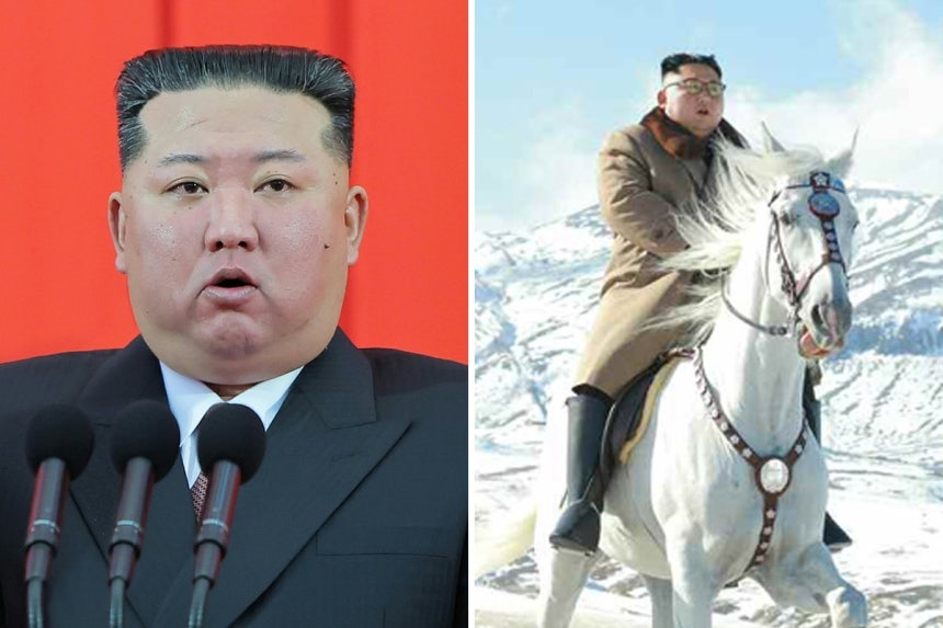 왼쪽 사진은 지난달 9월 9일 김정은 국무위원장이 정권수립일을 맞아 전체 주민에 축하 연설을 하는 모습, 오른쪽은 2019년 김정은 국무위원장이 백마를 타고 백두산 정상에 오르는 모습. 평양 노동신문=뉴스1·노동신문