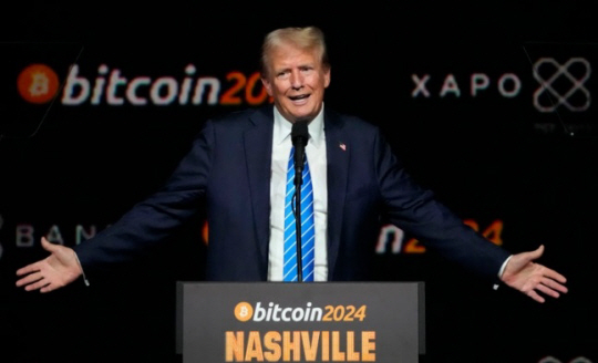 Former U.S. President Donald Trump, the Republican presidential candidate, speaks at the 'Bitcoin 2024 Conference' held in Nashville, Tennessee on the 27th. AP Newsis 