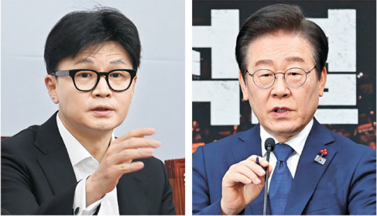 한동훈 국민의힘 대표와 이재명 더불어민주당 대표. 박윤슬·문호남 기자  