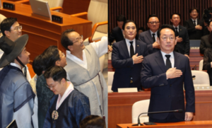 ‘화합은 없다’… 첫 <b>정기국회</b>, <b>한복</b>vs<b>상복</b> 진풍경