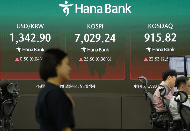 6일 서울 중구 하나은행 본점 딜링룸 전광판에 실시간 코스피와 코스닥, 원/달러 환율이 표시되고 있다. 김동훈기자