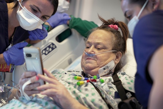 Lisa Picano (54), the second case of transplanting pig kidney to a living patient, looking at her cell phone after the surgery. /AP Yonhap News