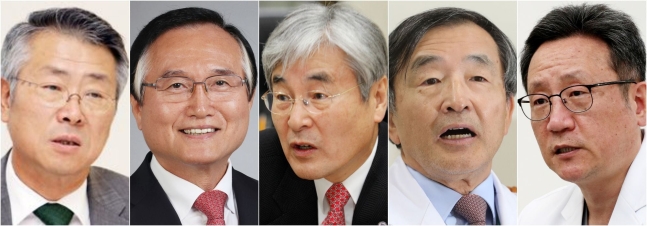 왼쪽부터 이철 전 연세의료원장, 송시헌 전 충남대병원장, 김한중 전 연세대 총장, 김종성 강릉아산병원 교수, 배장호 건양대병원 의료원장. /조선일보 DB