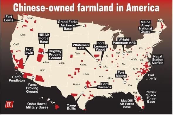 뉴욕포스트가 6월20일 부대 근처에 중국 농장이 있는 미국 내 주요 미군기지 지도. /뉴욕포스트