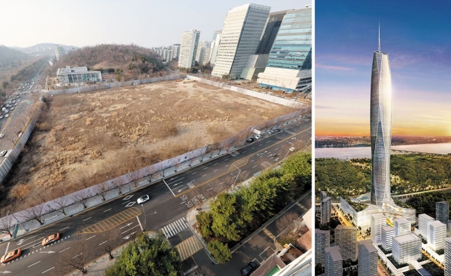 DMC 노른자 땅, 공터로 덩그러니 - 서울 마포구 '상암 DMC 랜드마크' 사업 부지의 모습(왼쪽). 잡초만 무성한 채 방치돼 있다. 서울시는 2002년부터 이곳에 100층 이상 초고층 빌딩(오른쪽)을 지으려고 했