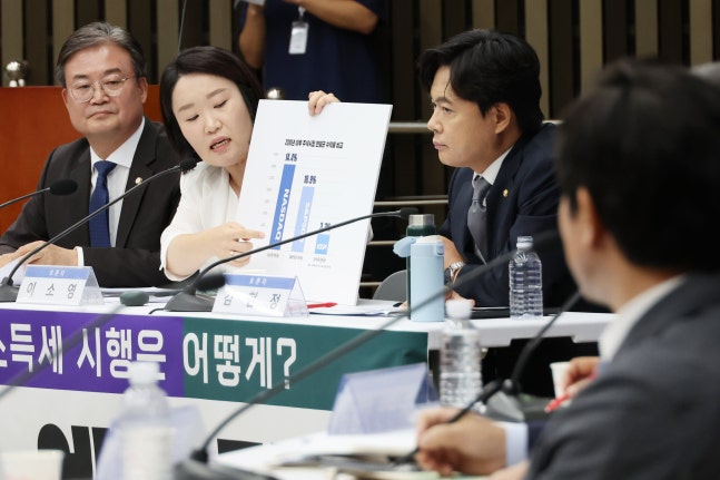 24일 오전 서울 여의도 국회에서 '행복하고 정의로운 대한민국, 금융투자소득세 시행은 어떻게?'라는 주제로 열린 더불어민주당 정책 토론회에서 이소영 의원이 금투세 유예를 주장하고 있다./연합뉴스