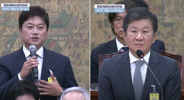 24일 국회에서 열린 문화체육관광위원회 전체회의에 출석한 박문성 축구해설위원(왼쪽)과 정몽규 대한축구협회장. /국회방송