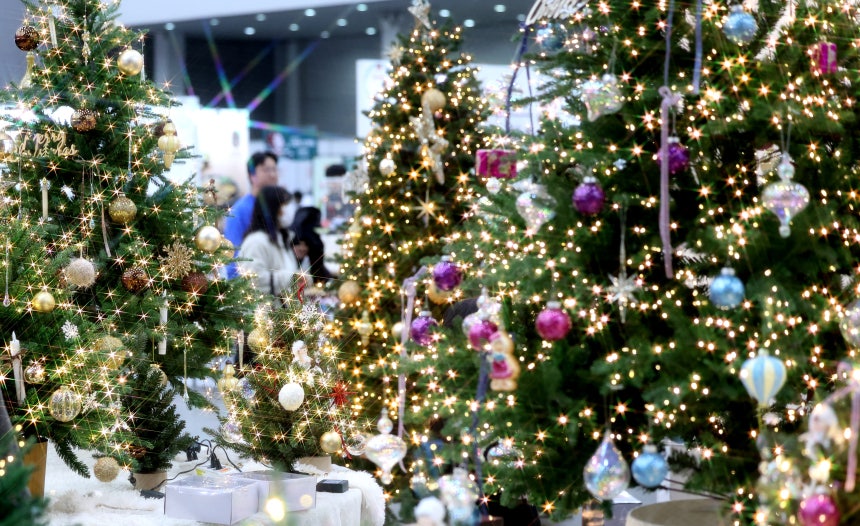 지난 8일 대구 북구 엑스코에서 열린 ‘2024 대구 크리스마스 페어'를 찾은 시민들이 크리스마스트리와 장식 소품을 살펴보고 있다. /뉴시스