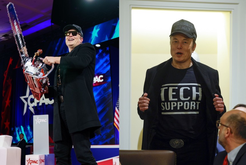 馬斯克（左）在上個月的CPAC活動中與電鋸一起表演。右邊是馬斯克在上個月在白宮舉行的內閣會議上參加T恤和帽子。/ap yonhap新聞