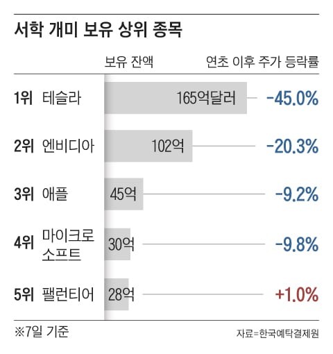 발등 찍힌 서학개미, 보유 1위 테슬라 -45%